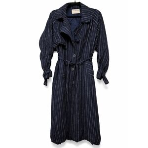 Free People Navy Pinstriped Trench Coat with Self Tie